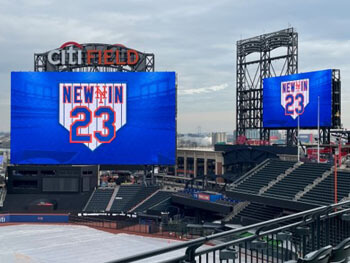 View of the scoreboards lit up at Mets Field